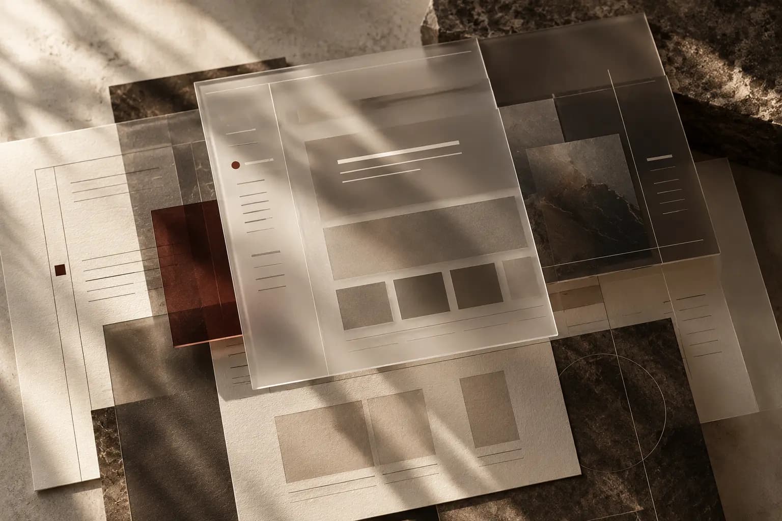 Layered translucent interface structures arranged as a precise editorial composition.