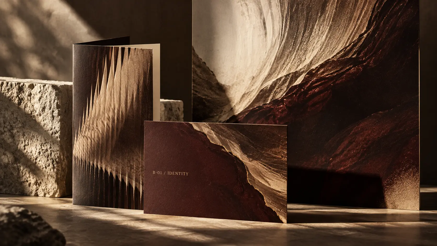 Coordinated editorial campaign pieces arranged as a sculptural brand system.
