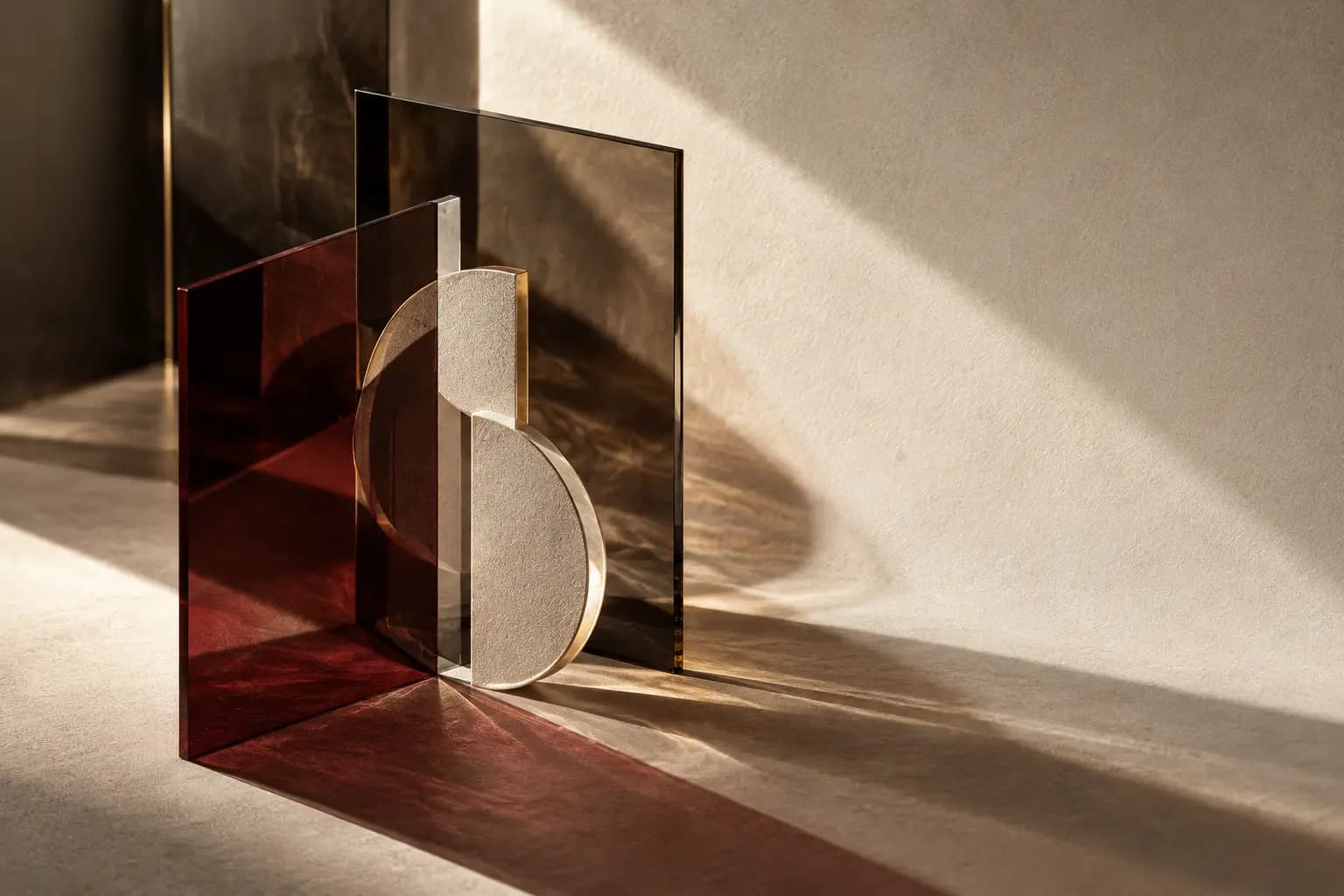 Oxblood, smoked glass and ivory forms casting geometric shadows.