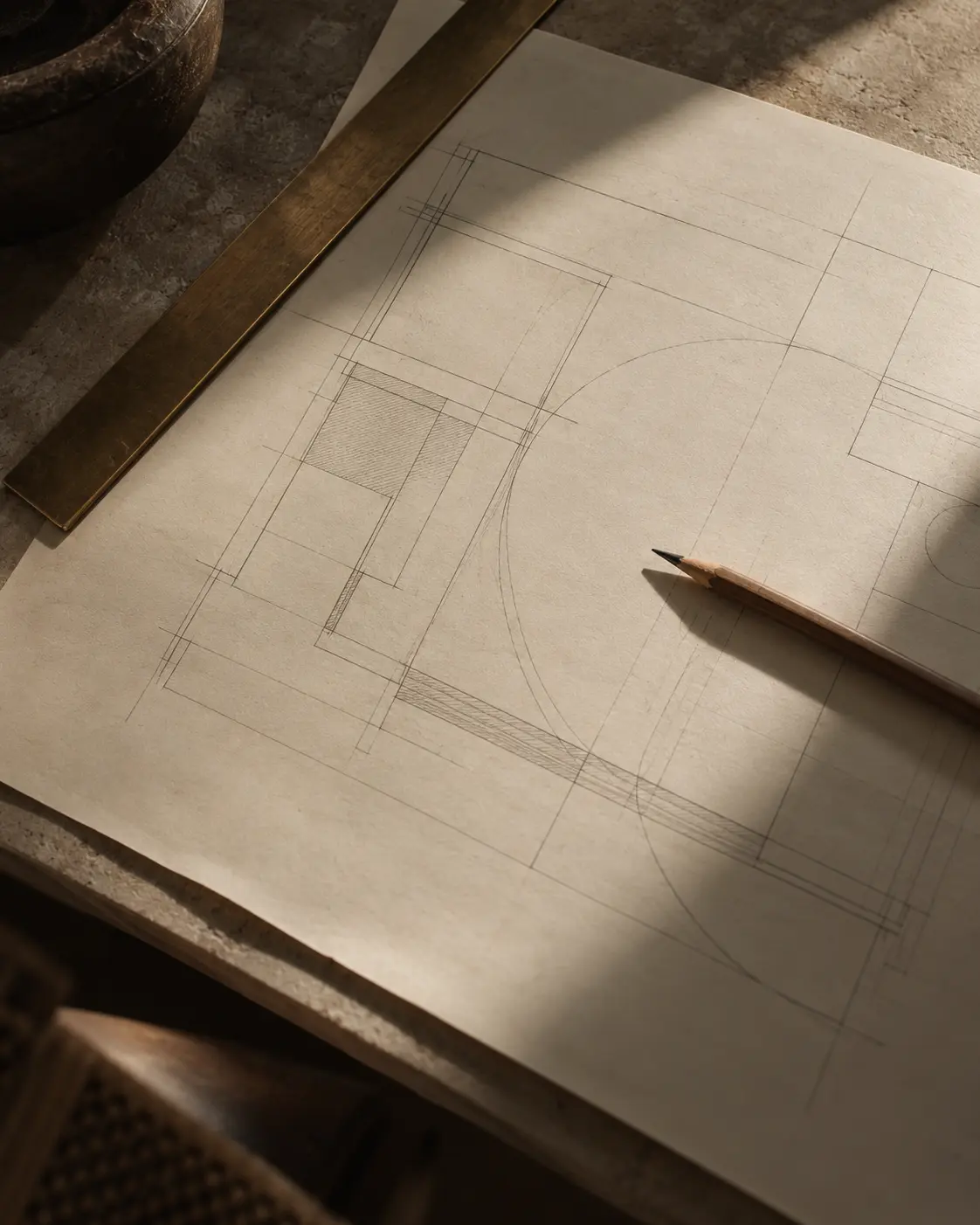 An unlabeled architectural plan with a brass rule and graphite pencil in warm raking light.