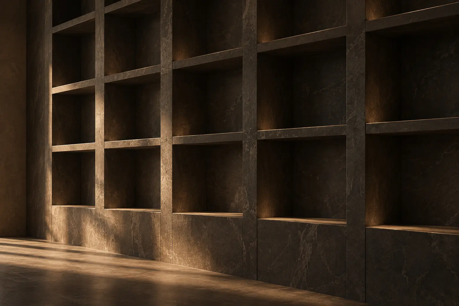 A quiet grid of empty recessed niches carved into dark stone.